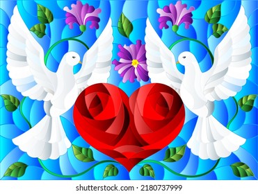 Illustration in stained glass style with a pair of pigeons and a heart against the sky and flowers