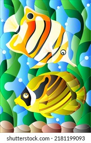 Illustration in stained glass style with a pair of fish butterfly
 on the background of water and algae