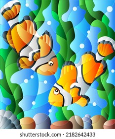 Illustration in stained glass style with a pair bright fishes on the background of water and algae