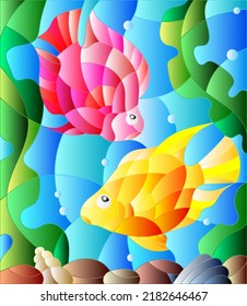 Illustration in stained glass style with a pair bright fishes on the background of water and algae,oval picture 