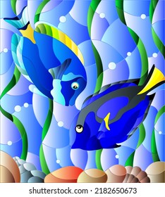 Illustration in stained glass style with a pair bright fishes on the background of water and algae
