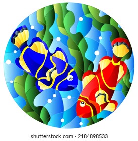 Illustration in stained glass style with a pair bright fishes on the background of water and algae,oval picture
