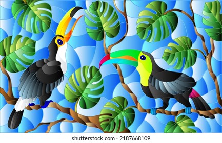 Illustration in stained glass style ,pair of birds Toucan on branch tropical tree against the sky