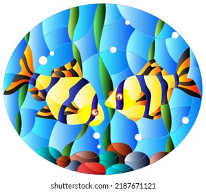 Illustration in stained glass style with a pair of barbs on the background of water and algae, oval image 