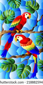 Illustration in stained glass style  with pair of birds parakeet on branch tropical tree against the sky