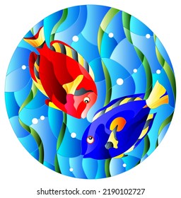 Illustration in stained glass style with a pair bright fishes on the background of water and algae,oval picture 