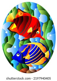 Illustration in stained glass style with a pair bright fishes on the background of water and algae,oval picture