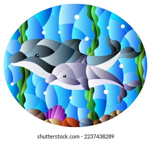 Illustration in stained glass style with a pair of dolphins on the background of water and the seabed,oval image 