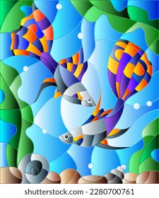 Illustration in stained glass style with a pair of guppies on the background of water and algae