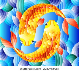 Illustration in stained glass style with a pair of gold fish on water background