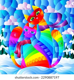 An illustration in a stained glass style with a pair of funny cartoon rainbow cats against a winter landscape and sky 