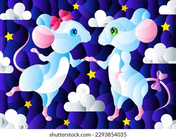 Illustration in stained glass style with a pair of dancing mice on the background of the starry sky and clouds