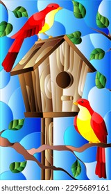 Illustration in stained glass style with a pair of bright red birds and a birdhouse on a background of tree branches and sky