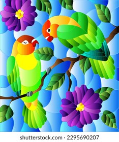 Illustration in stained glass style  with pair of birds parrots lovebirds on branch  tree with purple flowers against the sky