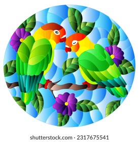 Illustration in stained glass style  with pair of birds parrots lovebirds on branch  tree with purple  flowers against the sky, oval image