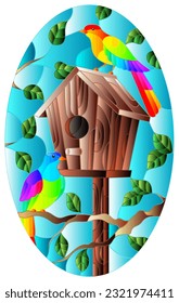 Illustration in stained glass style with a pair of bright red birds and a birdhouse on a background of tree branches and sky, oval image 