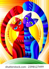 Illustration in stained glass style with a pair of abstract geometric  cats on a orange  background with sun 