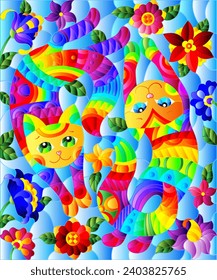 Illustration in stained glass style with a pair of rainbow cute cats on a background  bright flowers and sky