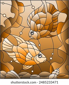 Illustration in stained glass style with a pair bright fishes on the background of water and algae,tone brown