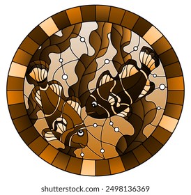 Illustration in stained glass style with a pair bright fishes on the background of water and algae,oval picture, tone brown