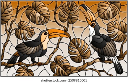 Illustration in stained glass style ,pair of birds Toucan on branch tropical tree against the sky, tone brown