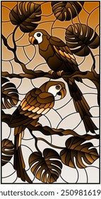 Illustration in stained glass style  with pair of birds parakeet on branch tropical tree against the sky, tone brown