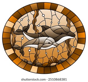 Illustration in stained glass style with a pair of dolphins on the background of water and the seabed,oval image, tone brown