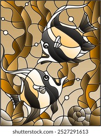 Illustration in stained glass style with a pair of Moorish idols on the background of water and algae, tone brown