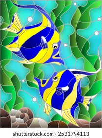 Ilustração em estilo de vidro manchado com um par de peixes amarelo-azul listrados no fundo de água e algas