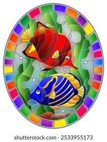 Ilustração em estilo de vidro manchado com um par de peixes brilhantes no fundo de água e algas, imagem oval em um quadro brilhante