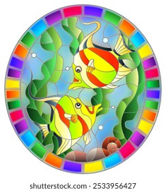 Ilustração em estilo de vidro manchado com um par de peixes brilhantes no fundo de água e algas, imagem oval em um quadro brilhante