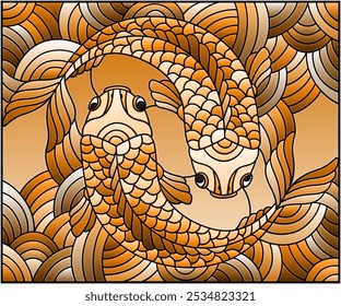 Illustration in stained glass style with a pair of gold fish on water background, tone brown