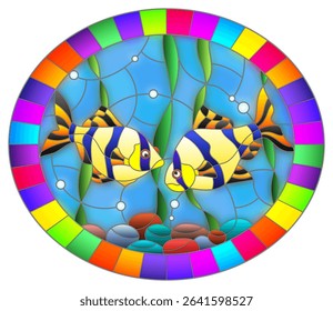 Illustration in stained glass style with a pair of barbs on the background of water and algae, oval image in bright frame 