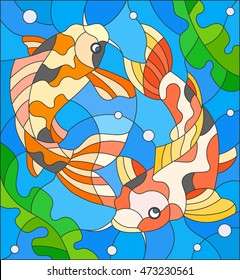 Illustration in stained glass style with a pair of carps on the background of water and algae