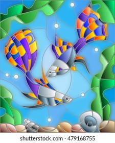 Illustration in stained glass style with a pair of guppies on the background of water and algae