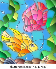 Illustration in stained glass style with a pair of princess parrotfish on the background of water and algae