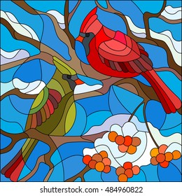 Illustration in stained glass style , pair of birds cardinals sitting on a branch of mountain ash on a background of sky and no snow