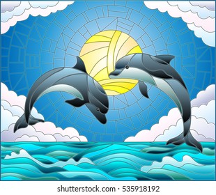 Illustration in stained glass style with a pair of dolphins on the background of water ,cloud, sky and sun