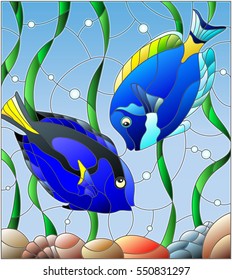 Illustration in stained glass style with a pair of fish surgeon on the background of water and algae