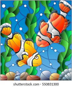 Illustration in stained glass style with a pair of clown fish on the background of water and algae