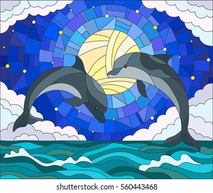 Illustration in stained glass style with a pair of dolphins on the background of water ,cloud, starry sky and moon