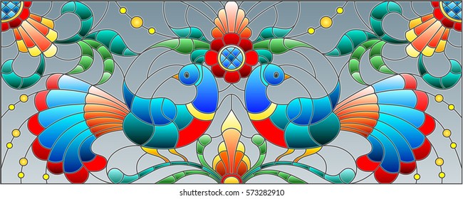 Illustration in stained glass style with a pair of abstract birds , flowers and patterns on a grey background , horizontal image