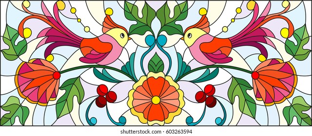 Illustration in stained glass style with a pair of abstract birds , flowers and patterns on a light background , horizontal image