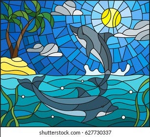 Illustration in stained glass style with a pair of dolphins on the background of water ,cloud, sky ,sun and Islands with palm trees