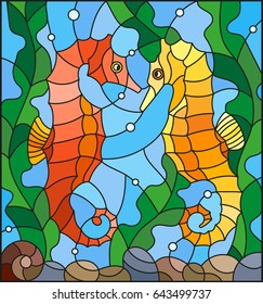 Illustration in stained glass style with a pair of fish seahorse
 on the background of water and algae