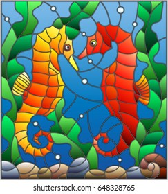 Illustration in stained glass style with a pair of fish seahorse
 on the background of water and algae