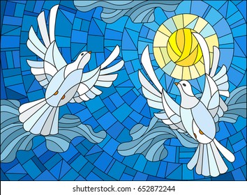 Illustration in stained glass style with a pair of white doves on the background of the daytime sky and clouds