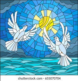 Illustration in stained glass style with a pair of white doves on the background of the daytime sky, water  and clouds