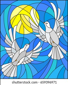 Illustration in stained glass style with a pair of white doves on the background of the daytime sky and clouds