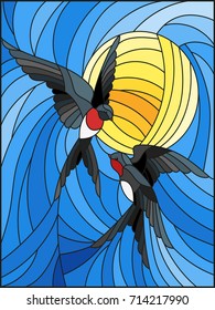Illustration in stained glass style a pair of swallows on the background of sky and  sun